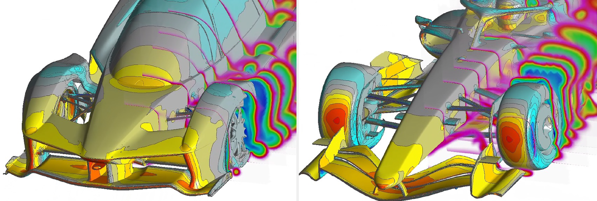 This image contains two computer-generated views of a complex mechanical component, possibly a race car, with colorful contour lines and heat map overlay showing stress or airflow analysis.