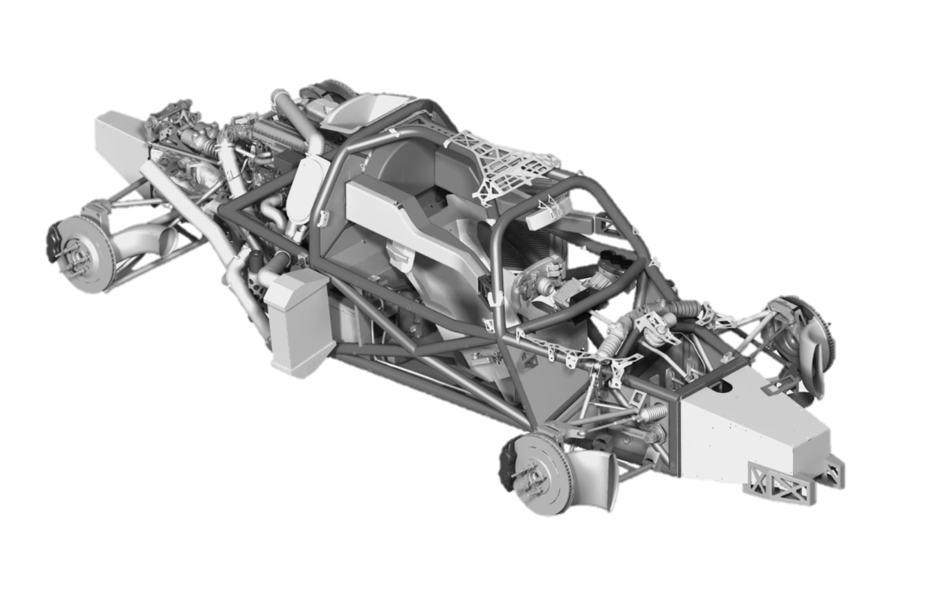 A grayscale image of a race car chassis showing the internal structure and mechanical components.