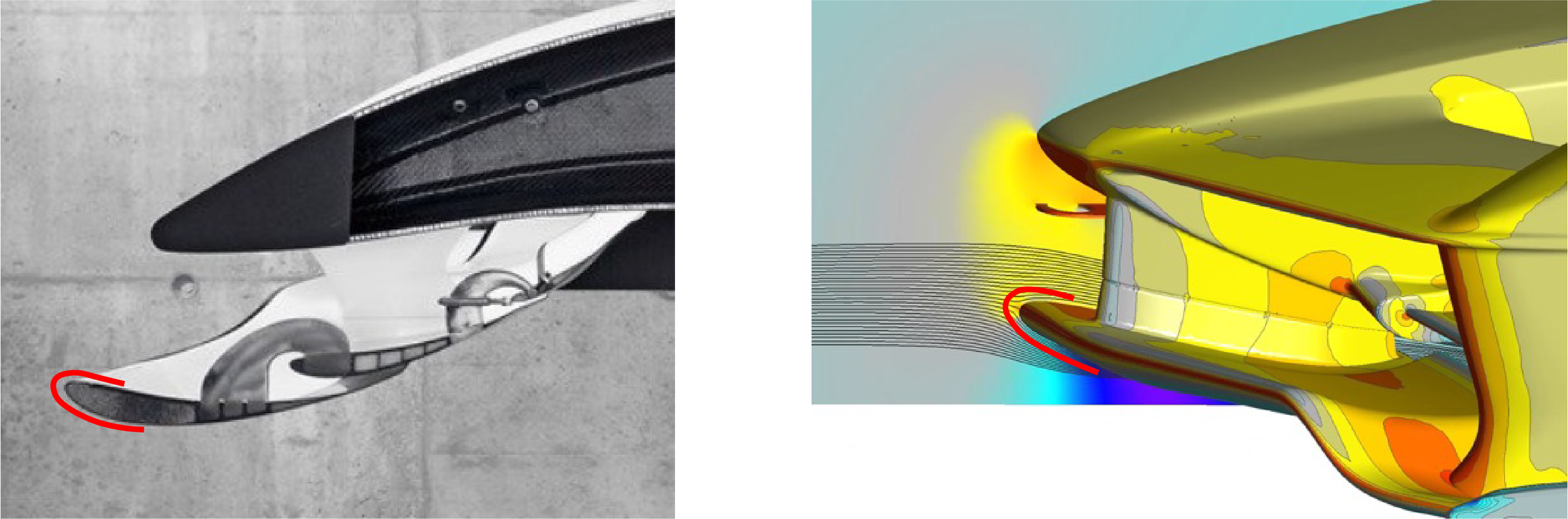 Comparison of a real and digital model of an airplane nose with focus on the landing gear area.