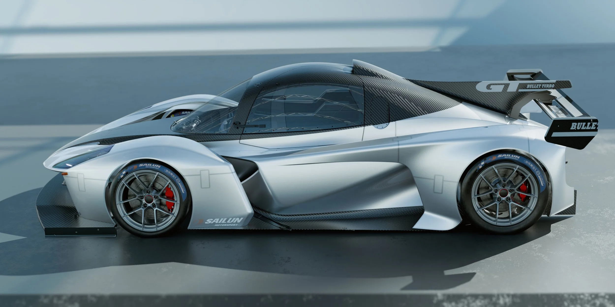 A sleek, futuristic racing car with a low profile, predominantly white with black and carbon fiber accents, featuring a large rear wing, aerodynamic body, and racing tires.