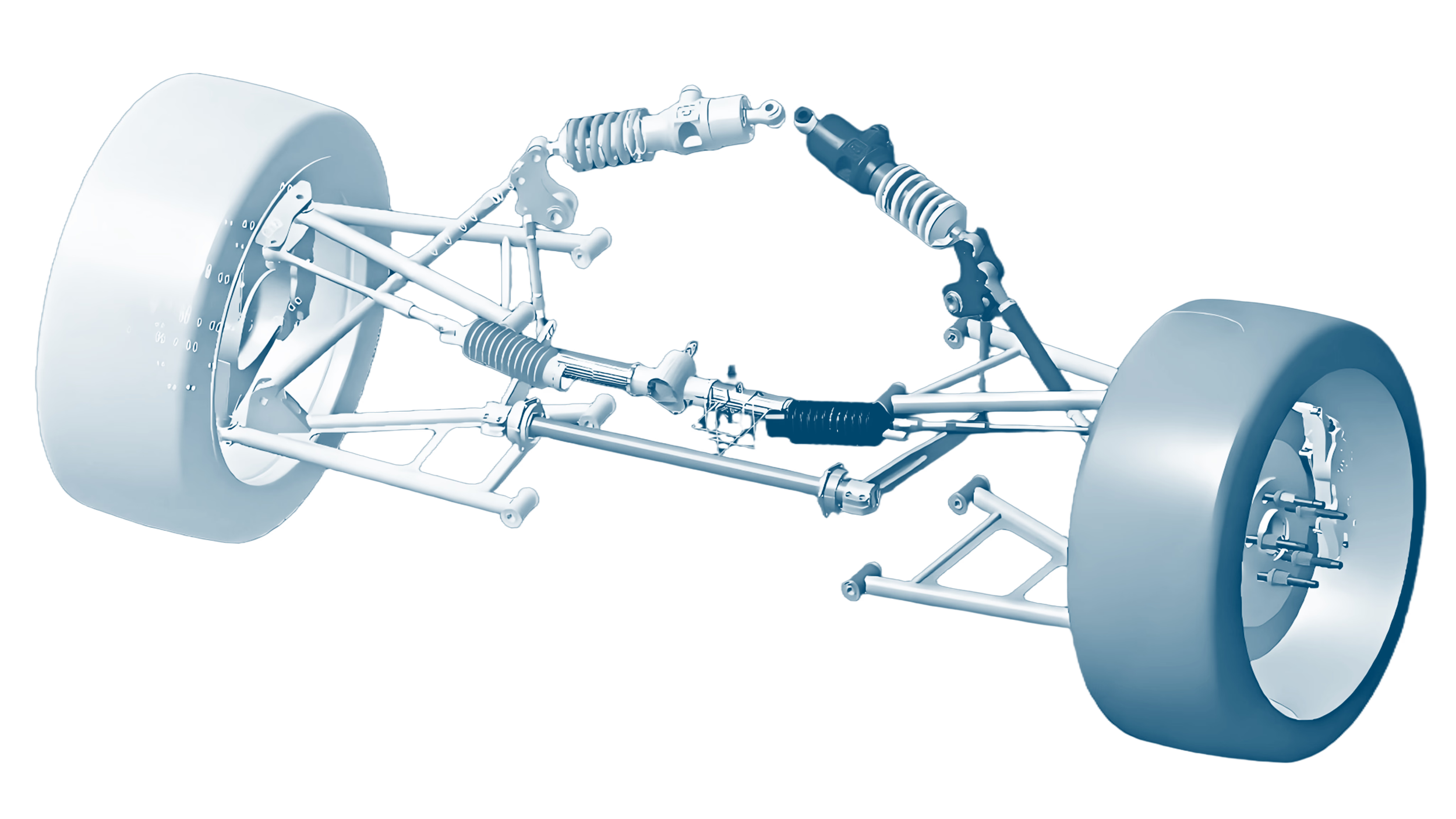 Digital rendering of a car chassis with visible suspension and wheel components.