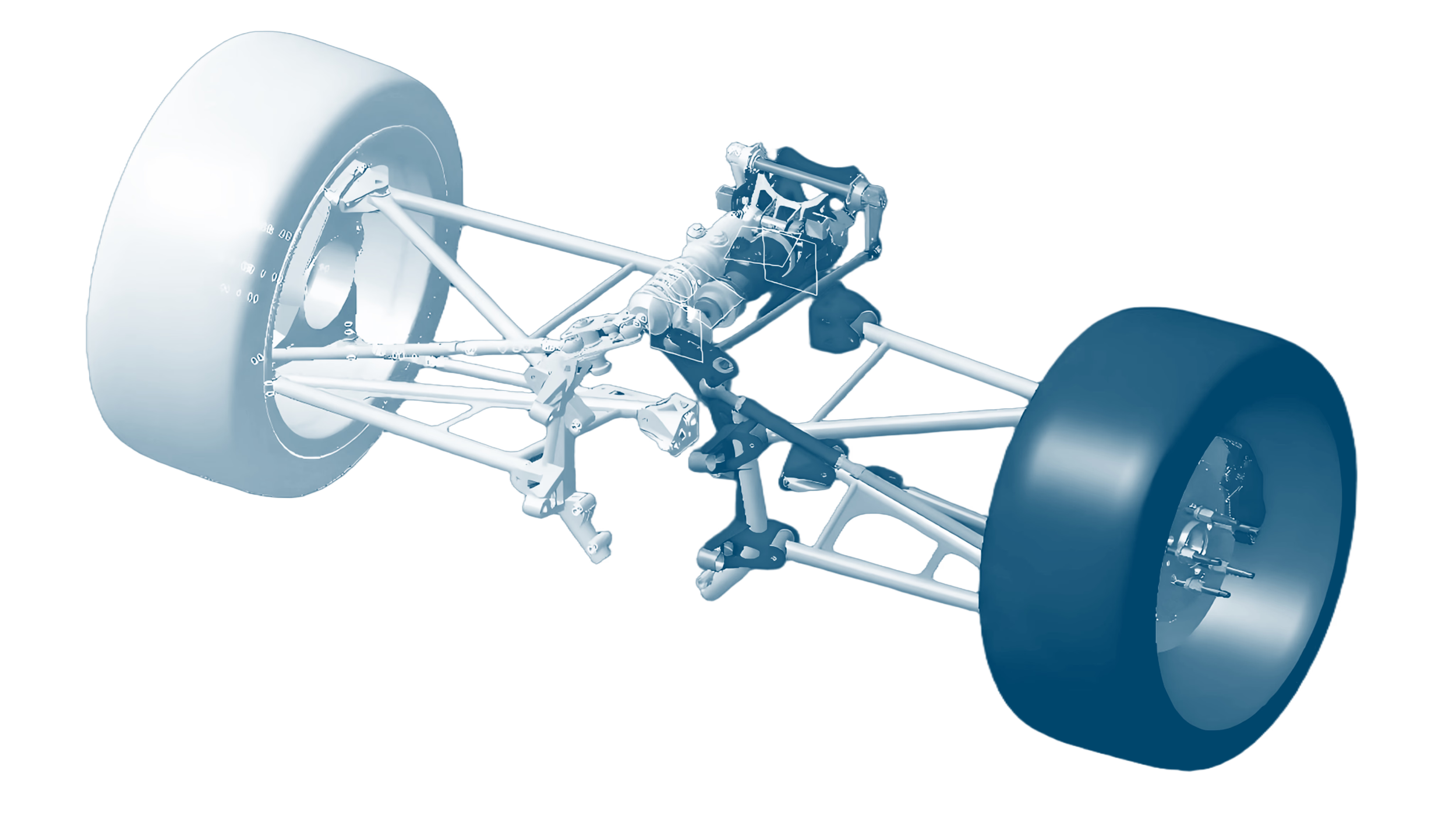 Digital rendering of a car chassis with large wheels, exposed suspension, and engine components.