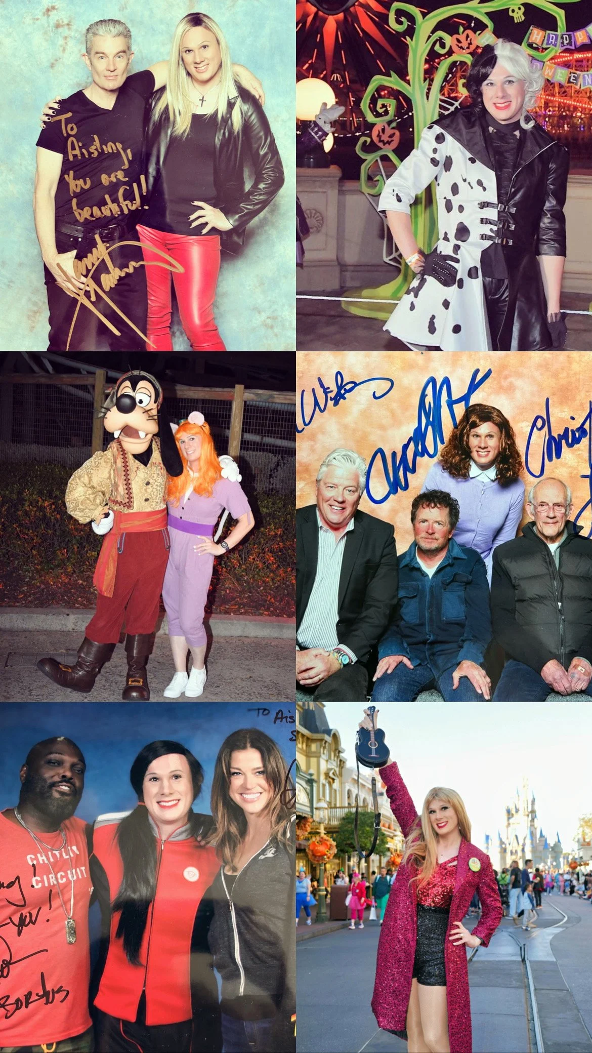 A collage of six photos featuring people at various events and theme parks. The top left shows two people in casual attire, one with a sign saying "To Aislin! You are beautiful!" The top right has a person in a Dalmatian costume at a Halloween-themed setting. The middle left features a person in a Pluto costume posing with a woman in colorful attire. The middle right displays four people, with autographs on the photo, possibly at an autograph signing event. The bottom left depicts three people, two women and a man, smiling and posing together. The bottom right shows a woman at a Disney park, wearing a glittery pink coat, with the castle in the background.