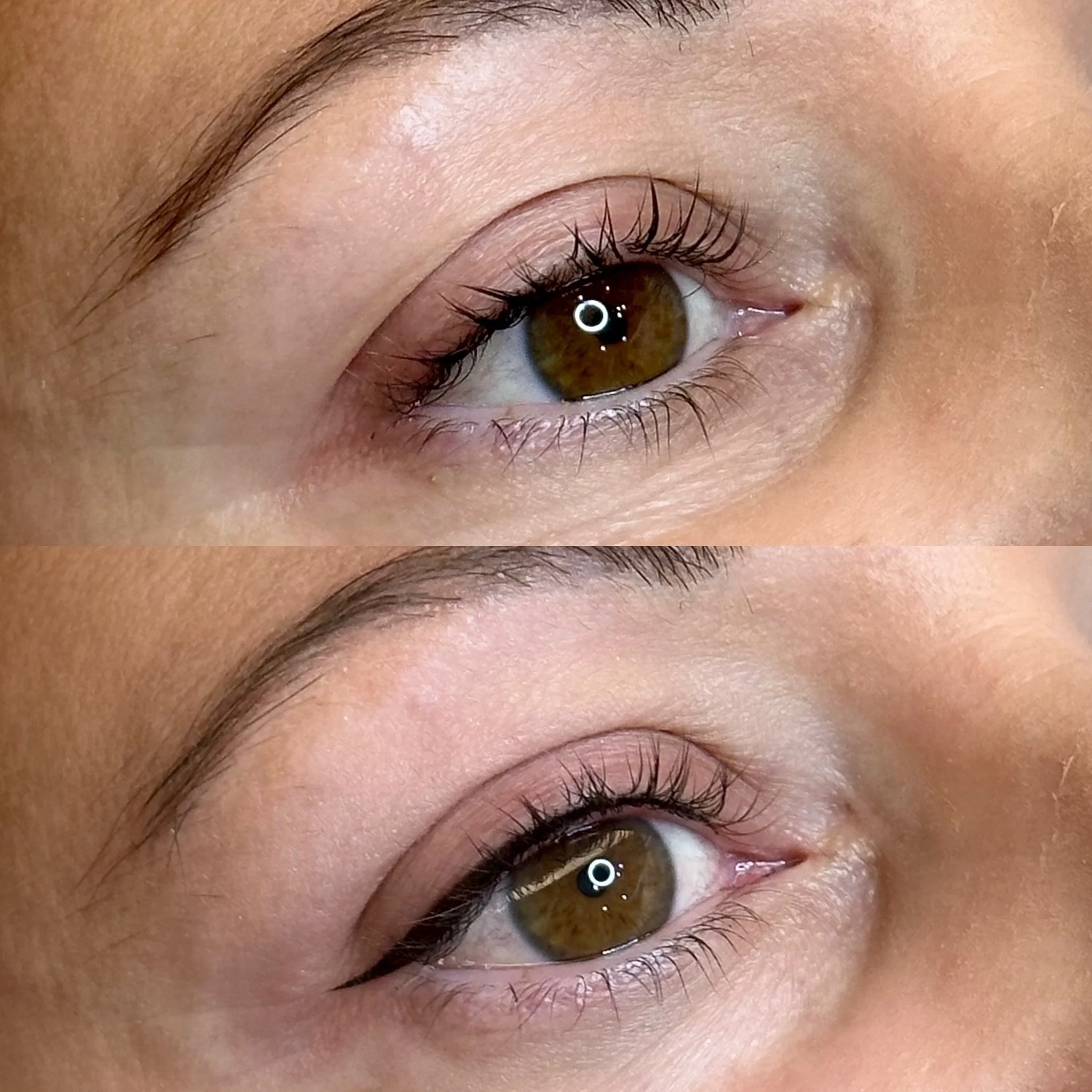 Close-up of a brown eye with long eyelashes and well-groomed eyebrows, showing detailed skin texture around the eye.