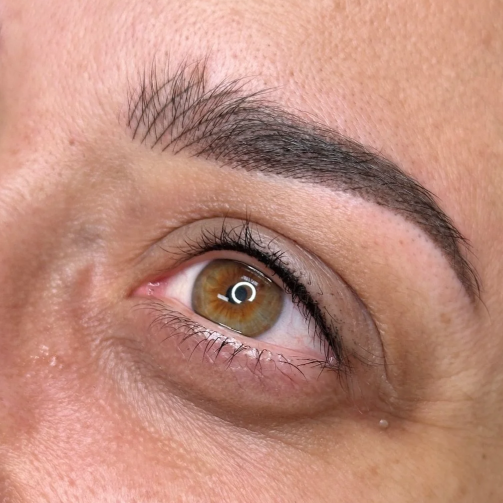 Close-up of a person's eye with brown irises, detailed eyelashes, well-groomed eyebrow, and smooth skin around the eye.