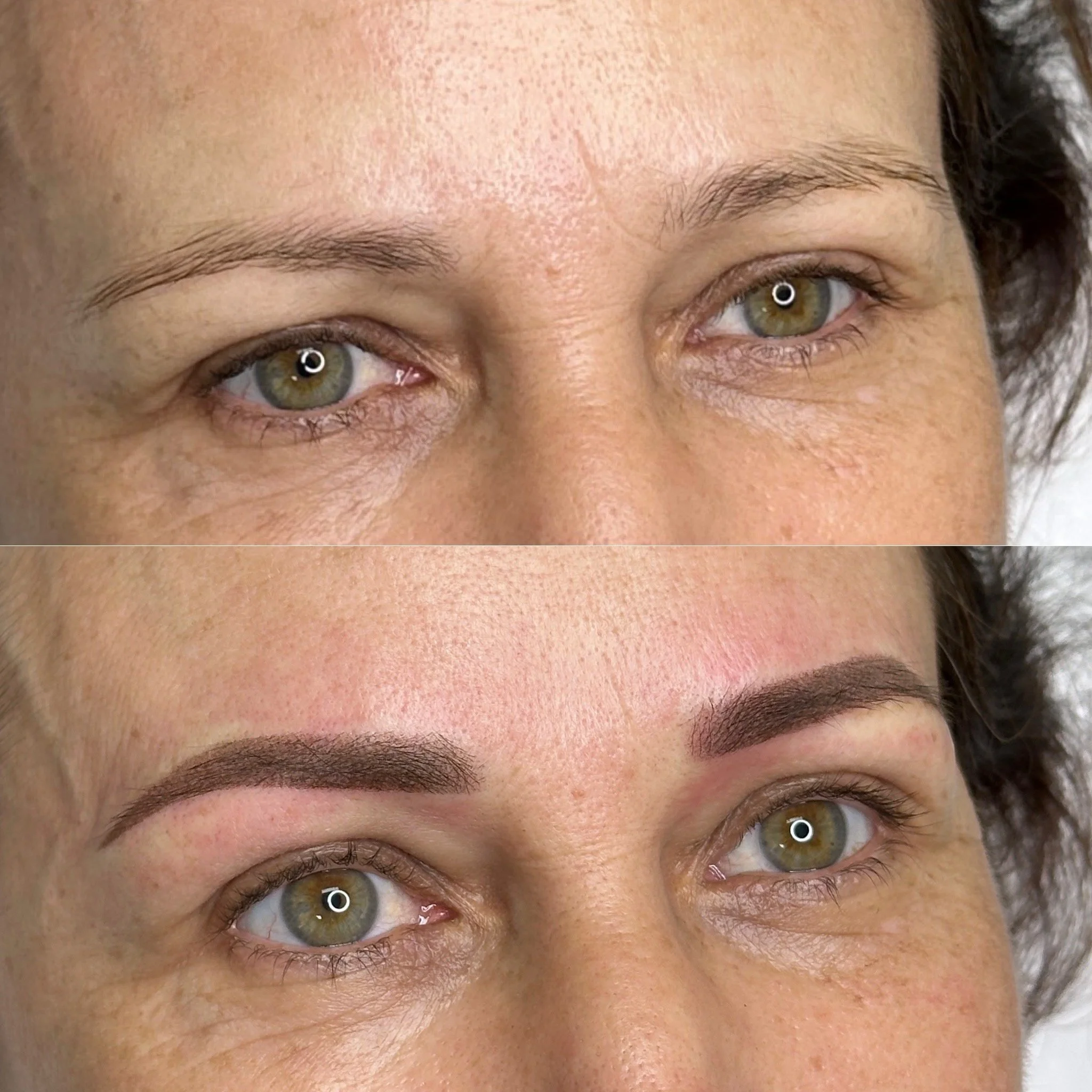 Close-up of a woman's face showing her forehead, eyes, and eyebrows, with light skin and brown hair.
