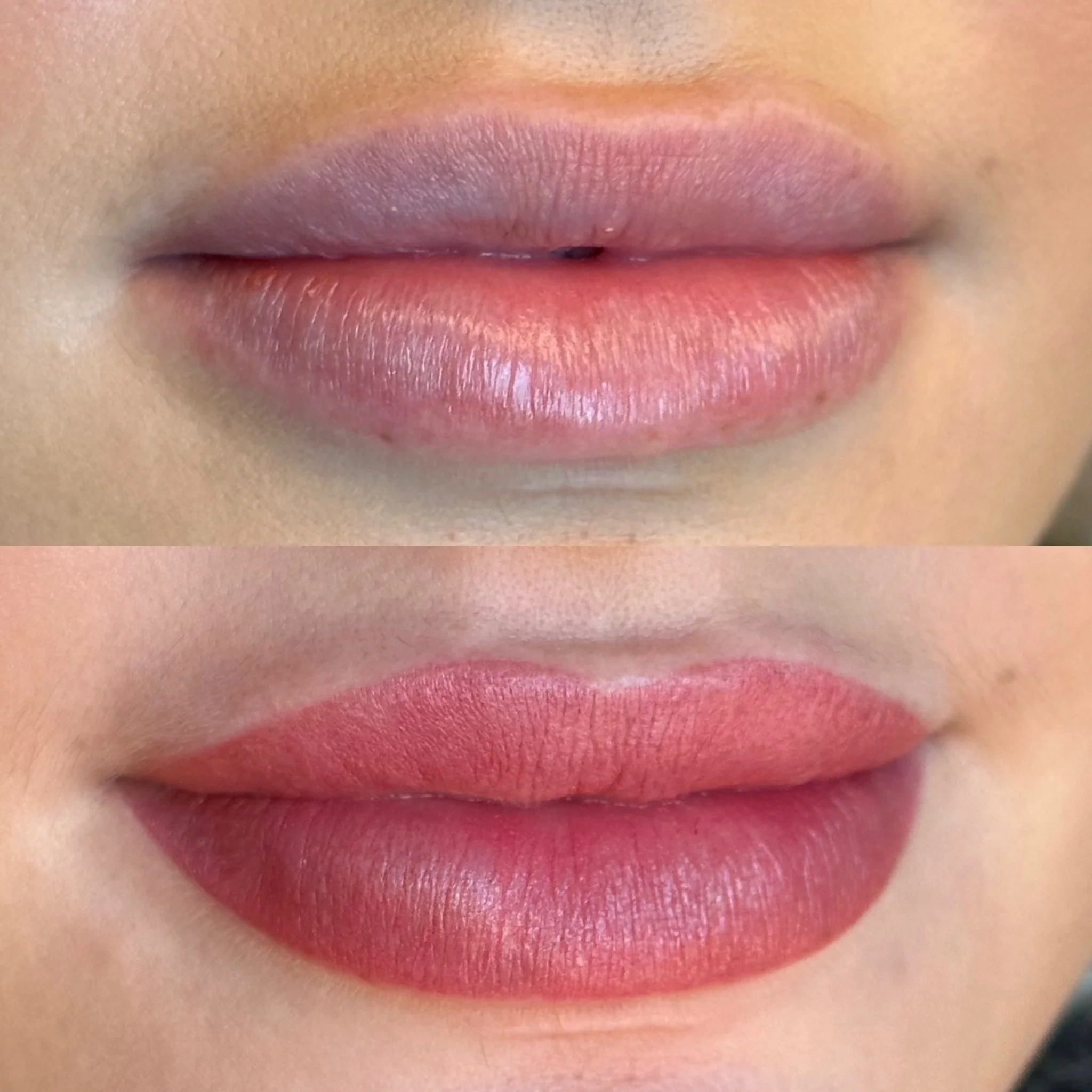 Close-up of a person's lips with pink lipstick and smooth skin.