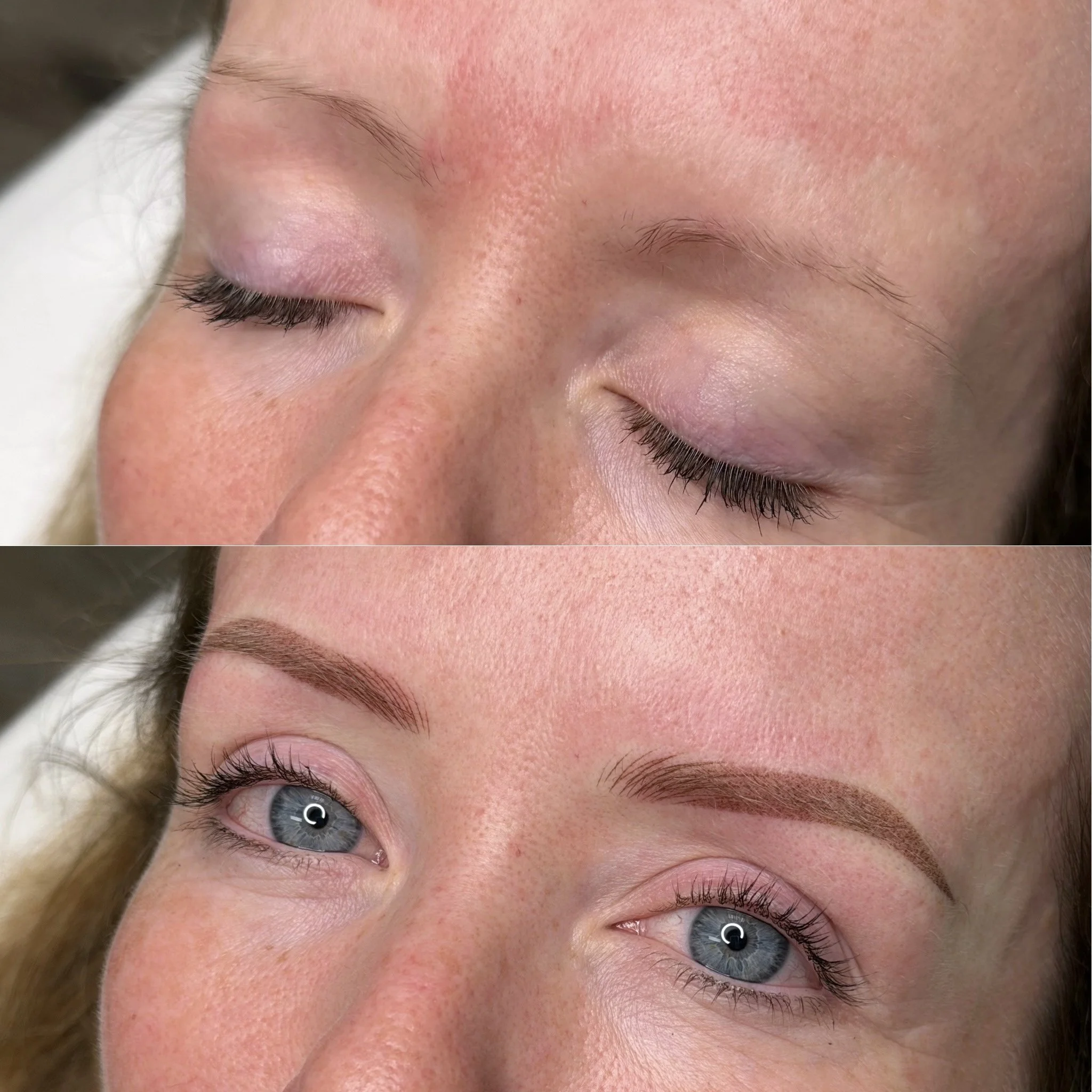 Close-up of a person's face with closed eyes, showing detailed skin texture, eyebrows, and eyelashes.