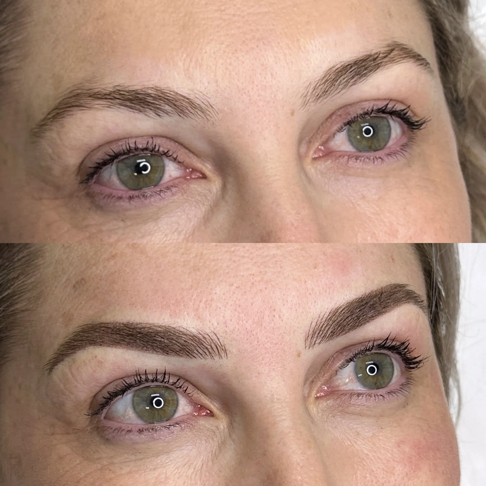 Close-up of a woman's face showing her green eyes, well-groomed eyebrows, and skin texture.