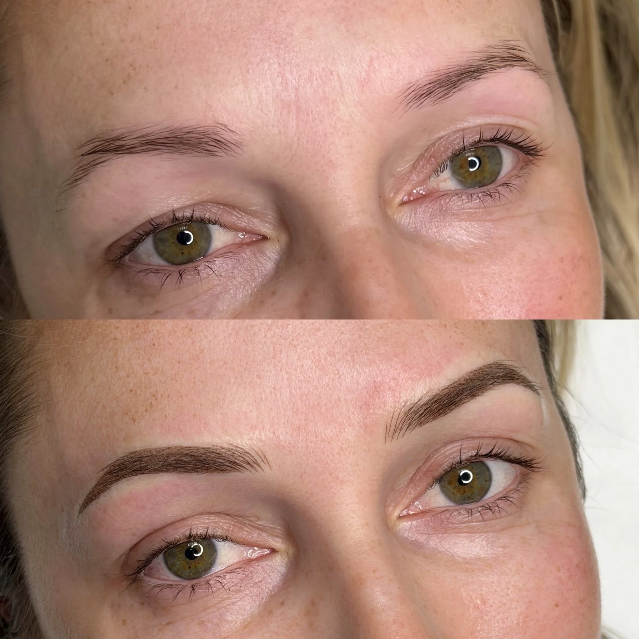 Close-up of a woman's face showing her eyes, eyebrows, and forehead with natural skin texture.