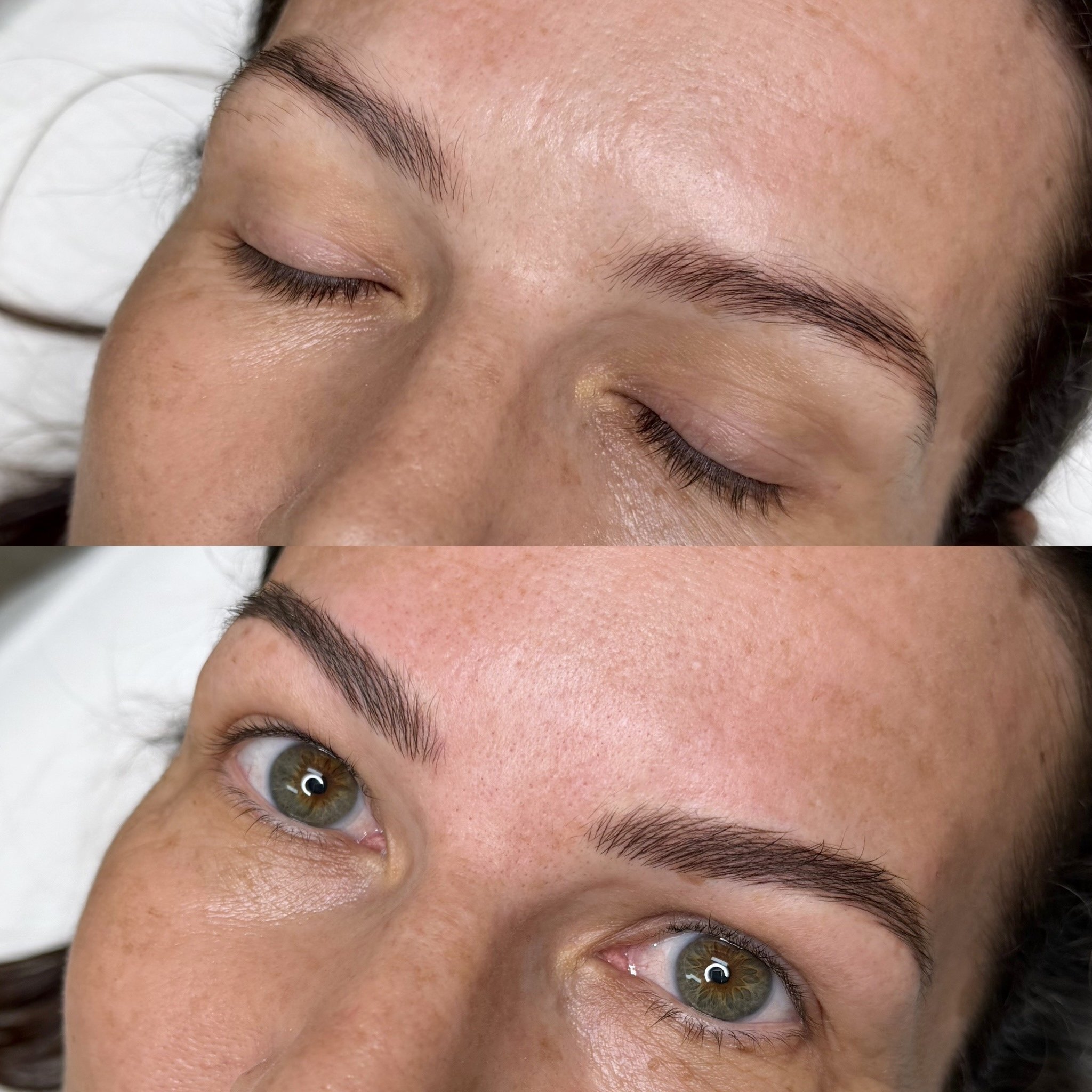 Close-up of a person's face with eyes closed, showing smooth skin and well-groomed eyebrows.