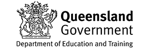 Queensland Government Department of Education and Training logo with a shield and floral decoration