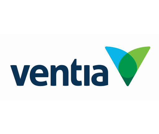Ventia logo with blue, green, and teal shapes forming a stylized checkmark or leaf next to the company name