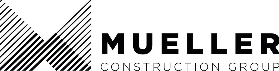 Black and white logo with diagonal lines forming a mountain shape, and text that reads 'Mueller Construction Group'.