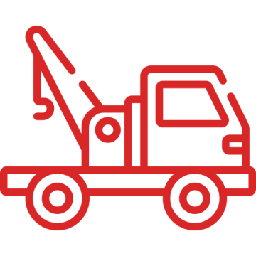 Red outline drawing of a tow truck with a crane.