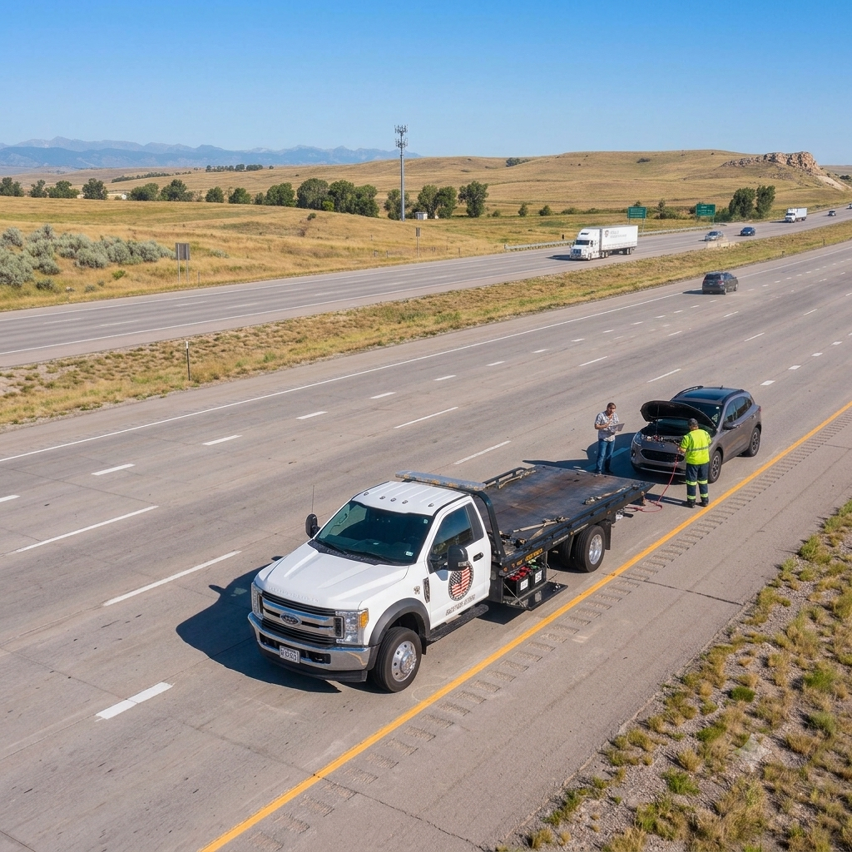 A highway with several parked vehicles, including a white utility truck and two men standing beside a gray car with the hood open, on a clear day with a rural landscape in the background.