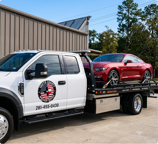A white tow truck with a South County Towing and Recovery logo on the door, carrying a red sports car on its flatbed in an outdoor lot.