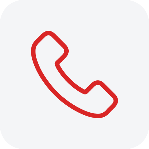 Red telephone handset icon on a white background.