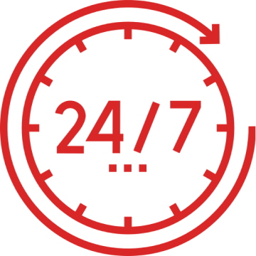 Red clock face with the text 24/7 indicating round-the-clock service.