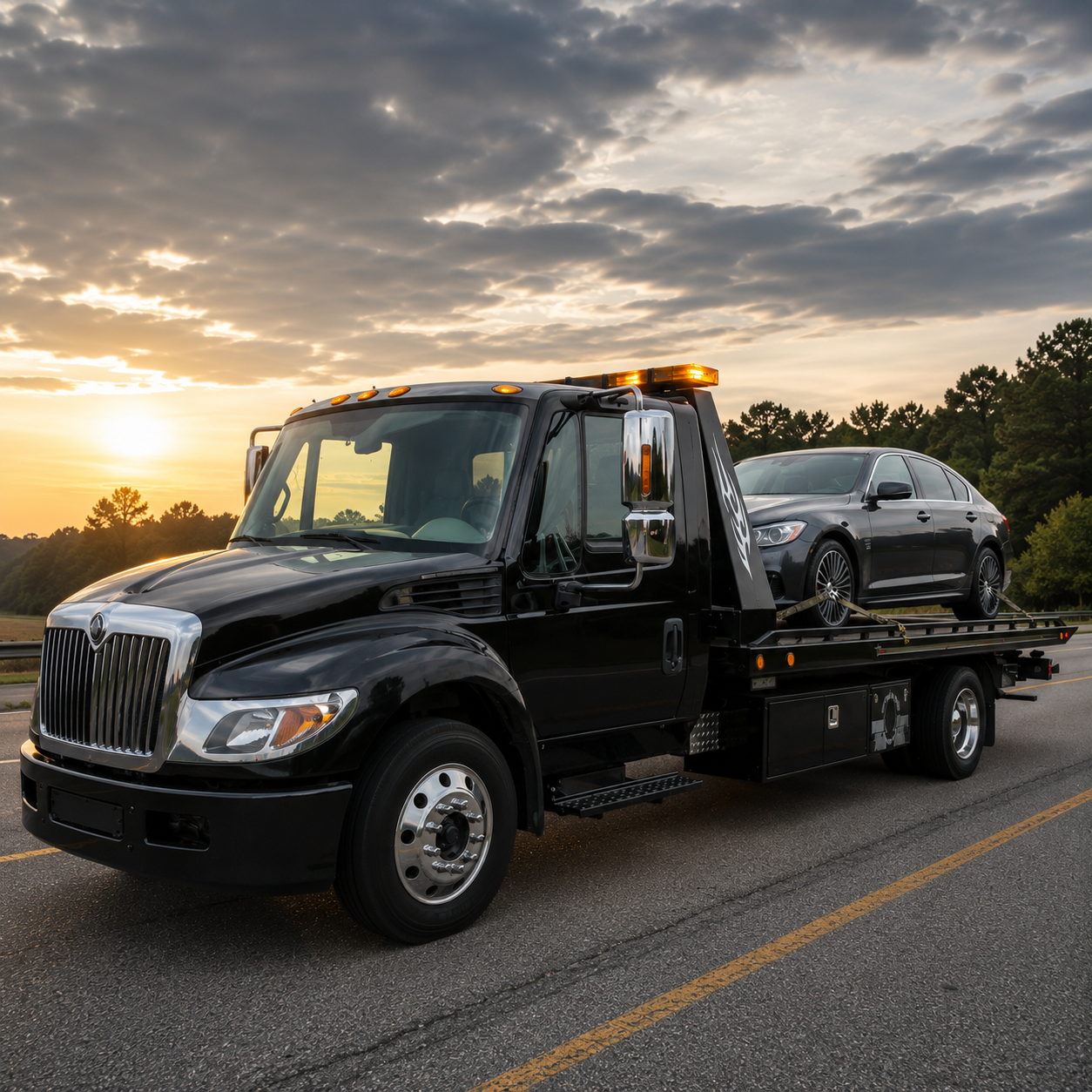 A black flatbed tow truck transporting a black sedan on a highway during sunset with a cloudy sky and trees in the background.