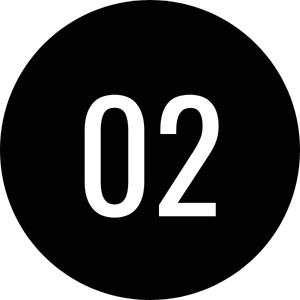 Black circular background with large white number 02 in the center.