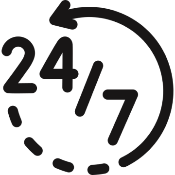 24/7 customer support icon with a clock and circular arrow.