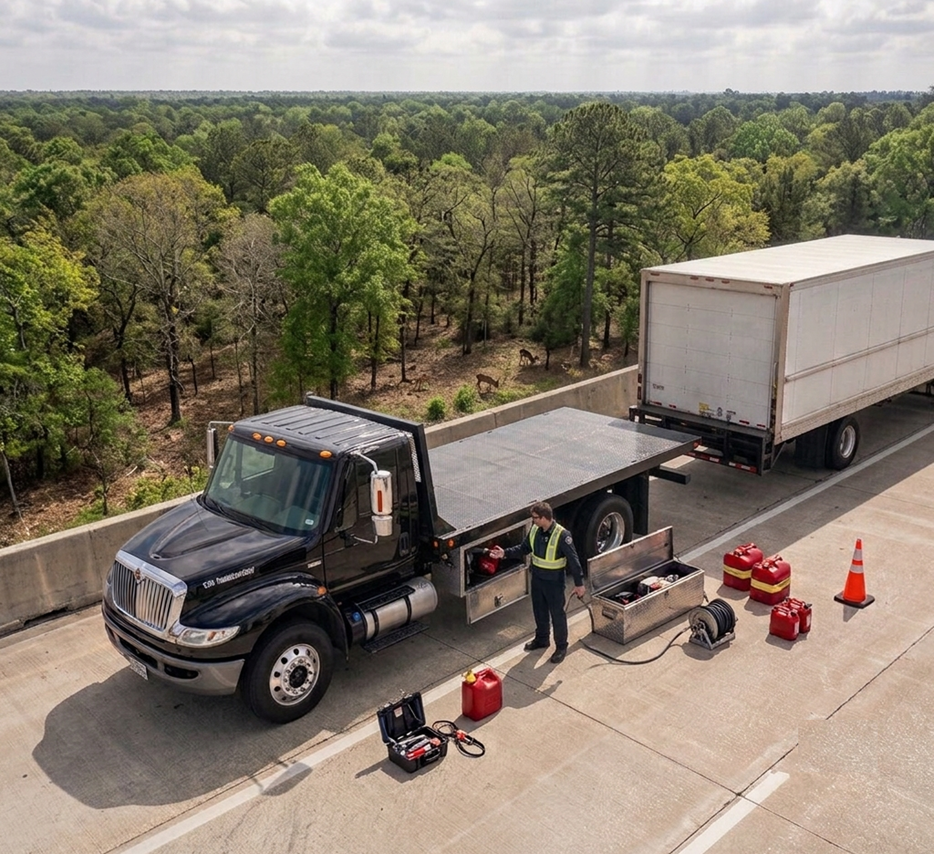 A large black utility truck parked on a highway, with a worker in safety gear attending to equipment and tools laid out on the ground. The scene includes safety cones, fuel containers, and various industrial tools, with a bridge and a tree-filled landscape in the background.