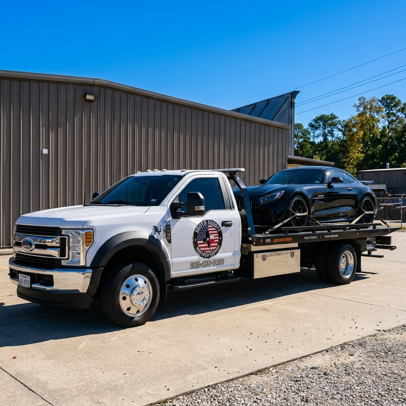 A white tow truck carrying a black sports car, parked outside in front of a brown metal building with a clear blue sky.