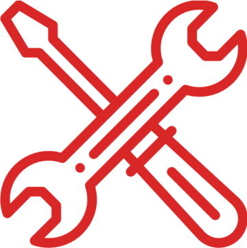 Red outline of a wrench and a screwdriver crossed over each other.