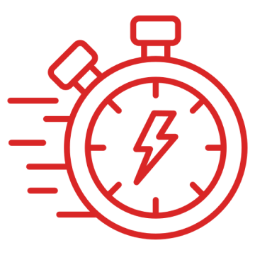 Red stopwatch with a lightning bolt symbol and motion lines indicating speed.