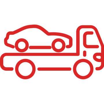Red line drawing of a tow truck carrying a car.