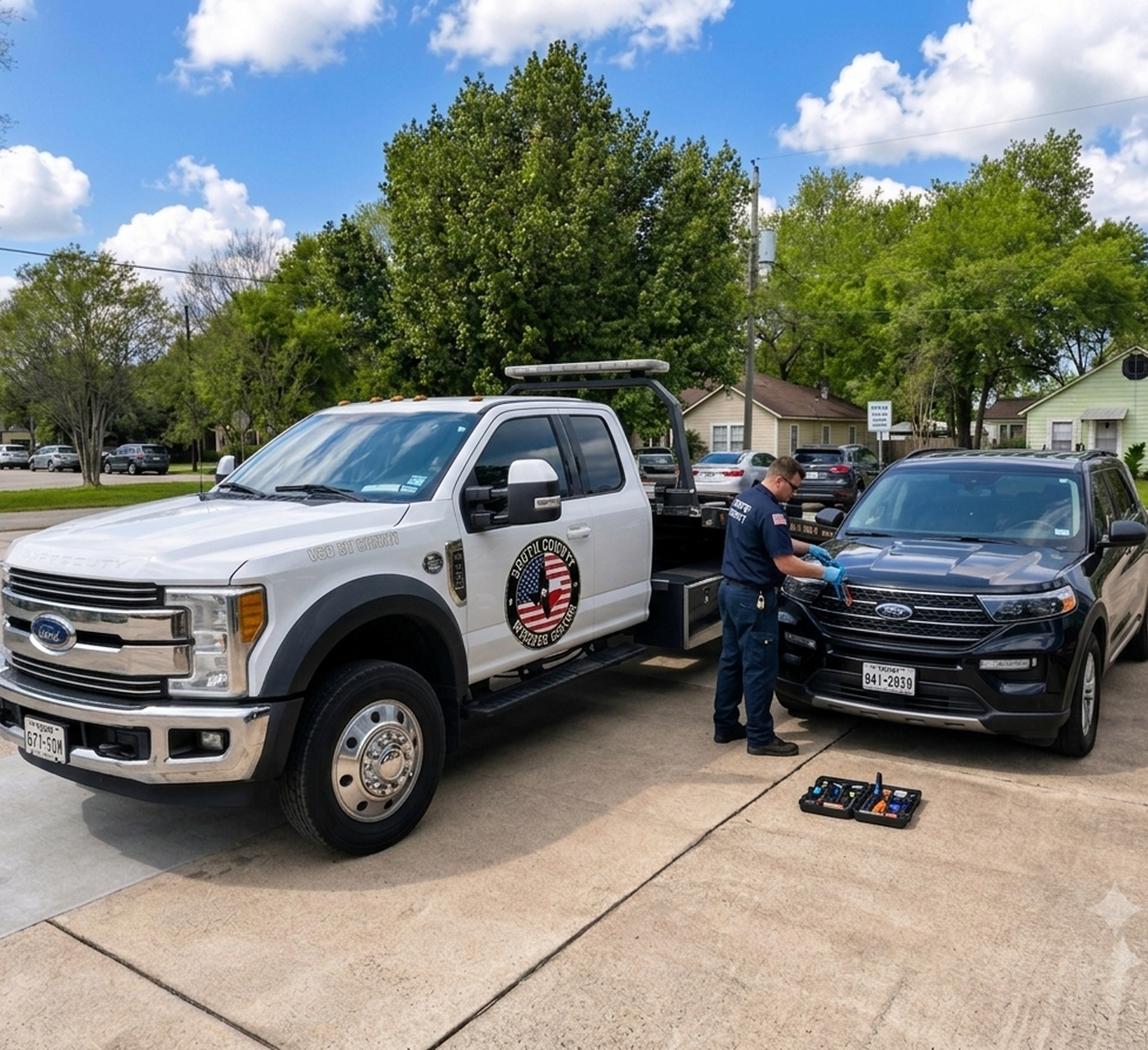 A police officer repairing a black Ford vehicle next to a white utility truck with police decals. The scene is outdoors on a clear day with trees, houses, and parked cars in the background. A tool kit with various tools is on the ground nearby.