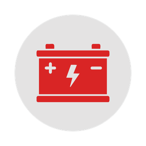 Red car battery icon with plus, minus, and lightning bolt symbols on a gray background.