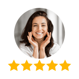 A woman smiling with her hands on her cheeks, five-star rating below her.