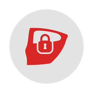 Red and white icon of a padlock with a shield in the background.