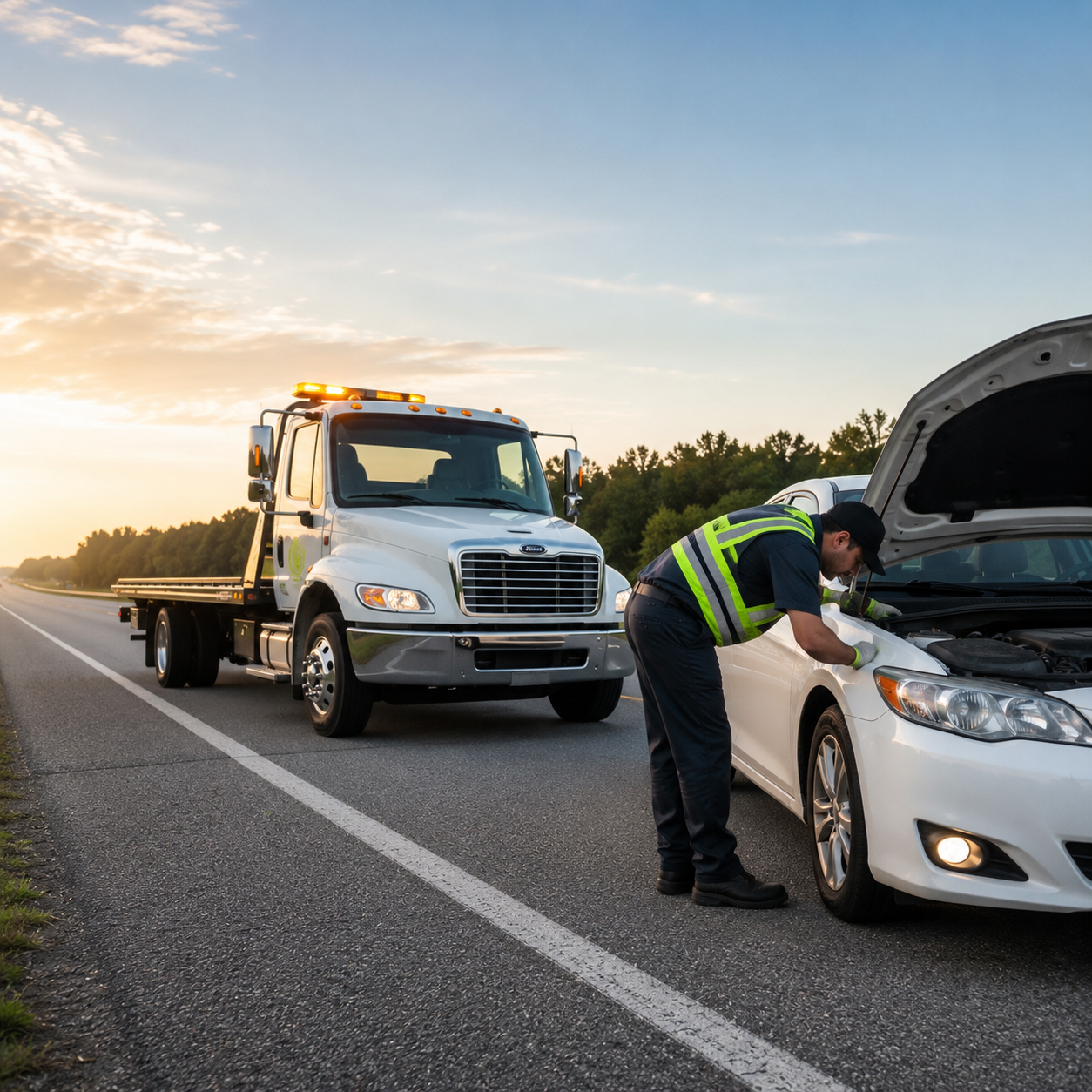 A person wearing a safety vest inspecting the engine of a white car with its hood open on the side of a highway, with a tow truck parked behind.