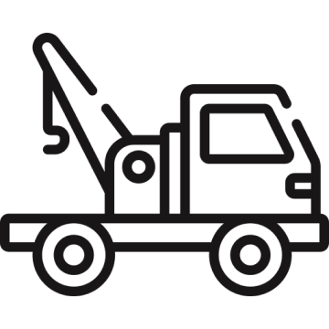 Outline drawing of a tow truck with a raised crane arm.