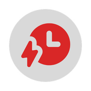 A red clock with a lightning bolt and a white clock hand on a gray background, symbolizing emergency or urgent time-related issues.