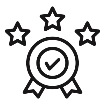 Outline of a certificate or award with a check mark in the center, surrounded by three stars.
