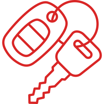 Outline drawing of two keys, one with a rounded top and one with a rectangular top, in red.
