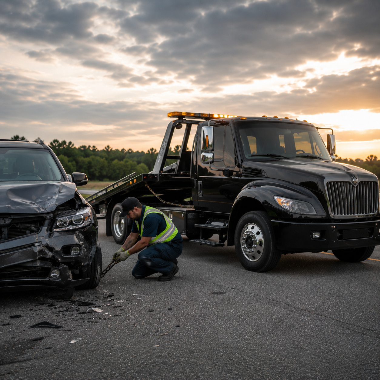 A tow truck helping with a car accident on the highway at sunset, with a worker attaching a chain to a damaged black car.