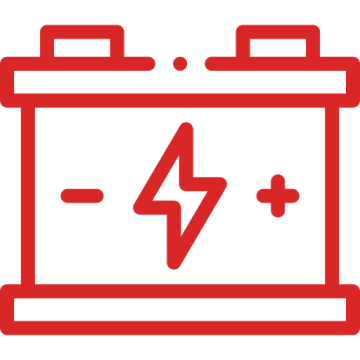 Red car battery with a lightning bolt symbol indicating electricity or charge.