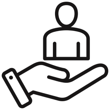 Outline of a person sitting on a hand, symbolizing care or support.