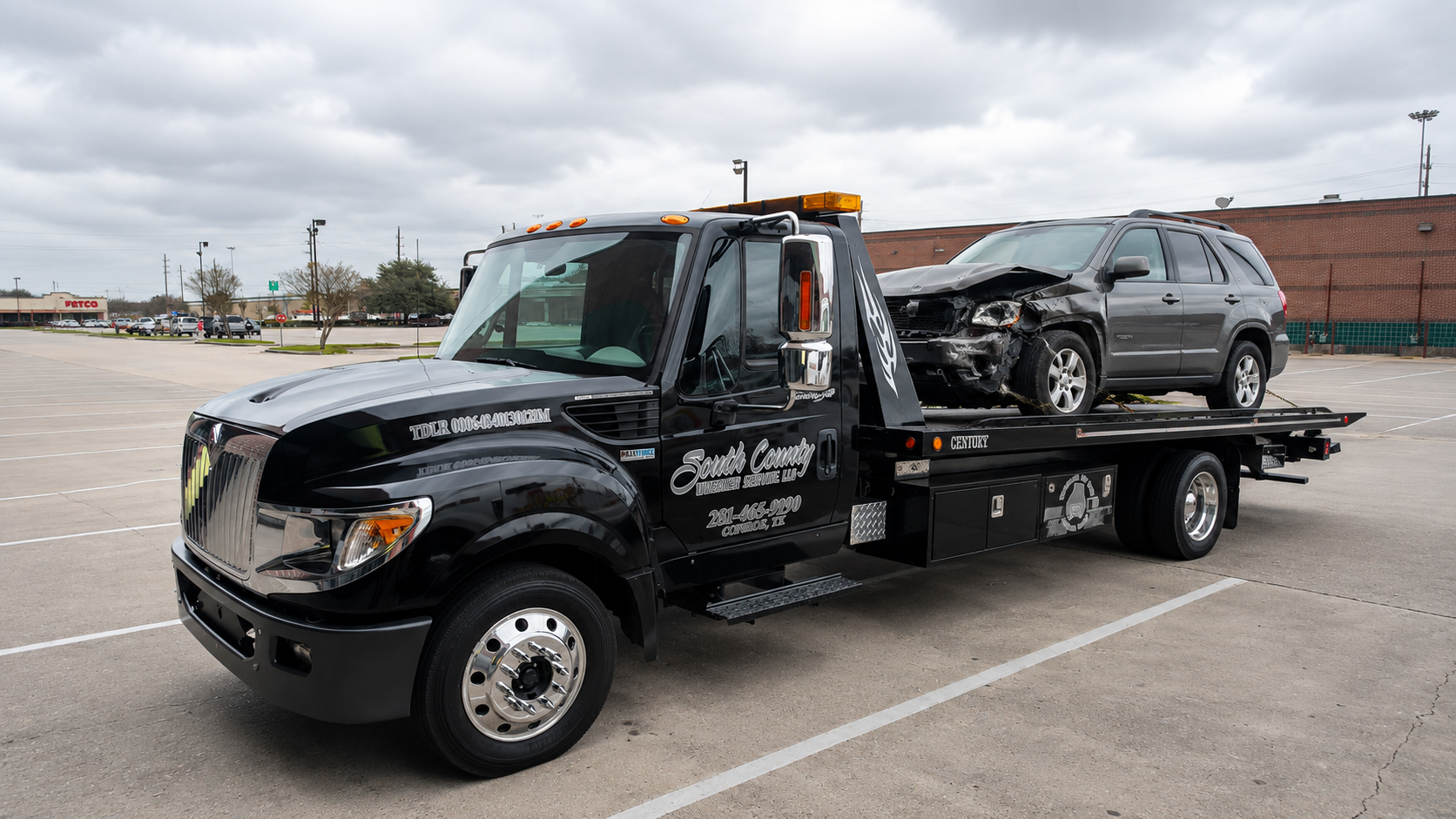 Black flatbed tow truck with a damaged gray SUV loaded on the back, parked in an empty parking lot under cloudy skies.
