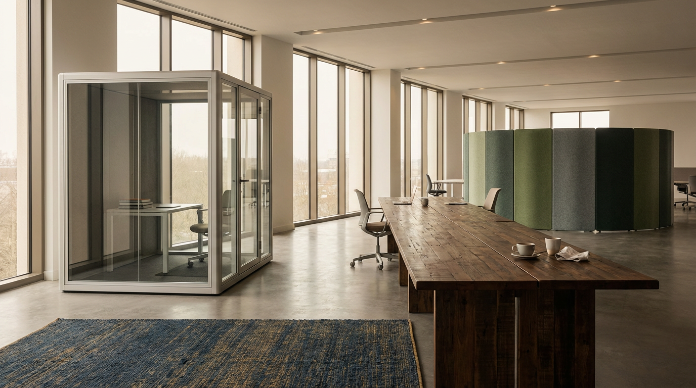 Modern open-plan office space with large windows, a wooden conference table, a small glass enclosed office, an round green privacy screen, and a blue rug.