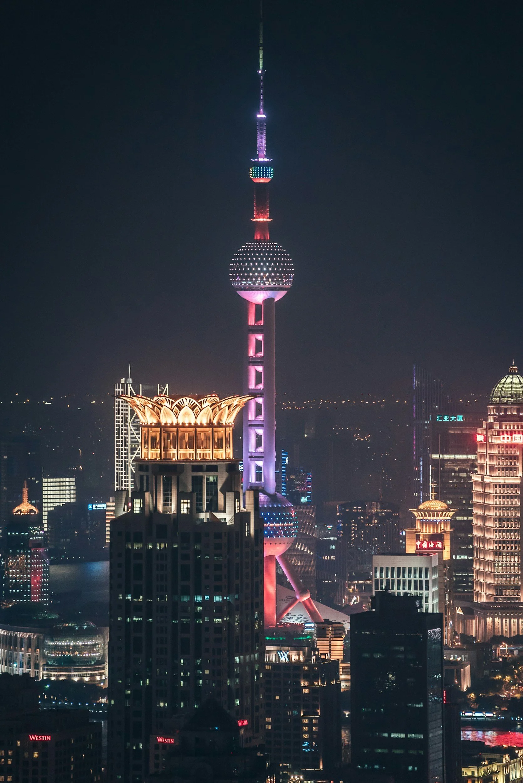 Nighttime city skyline with brightly lit skyscrapers and buildings, including the illuminated Oriental Pearl Tower with purple, green, and red lights, featuring a large spherical observation deck, set against a dark sky.