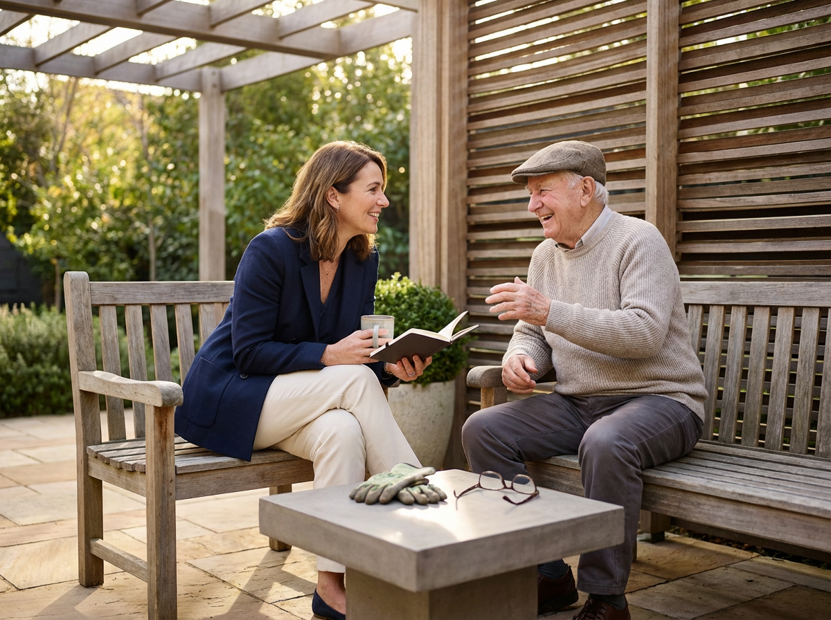 A woman and an elderly man sit on a wooden bench outside, engaged in conversation, with the woman holding a book and a mug, and the man smiling, wearing a cap and sweater, in a garden setting with sunlight and greenery.