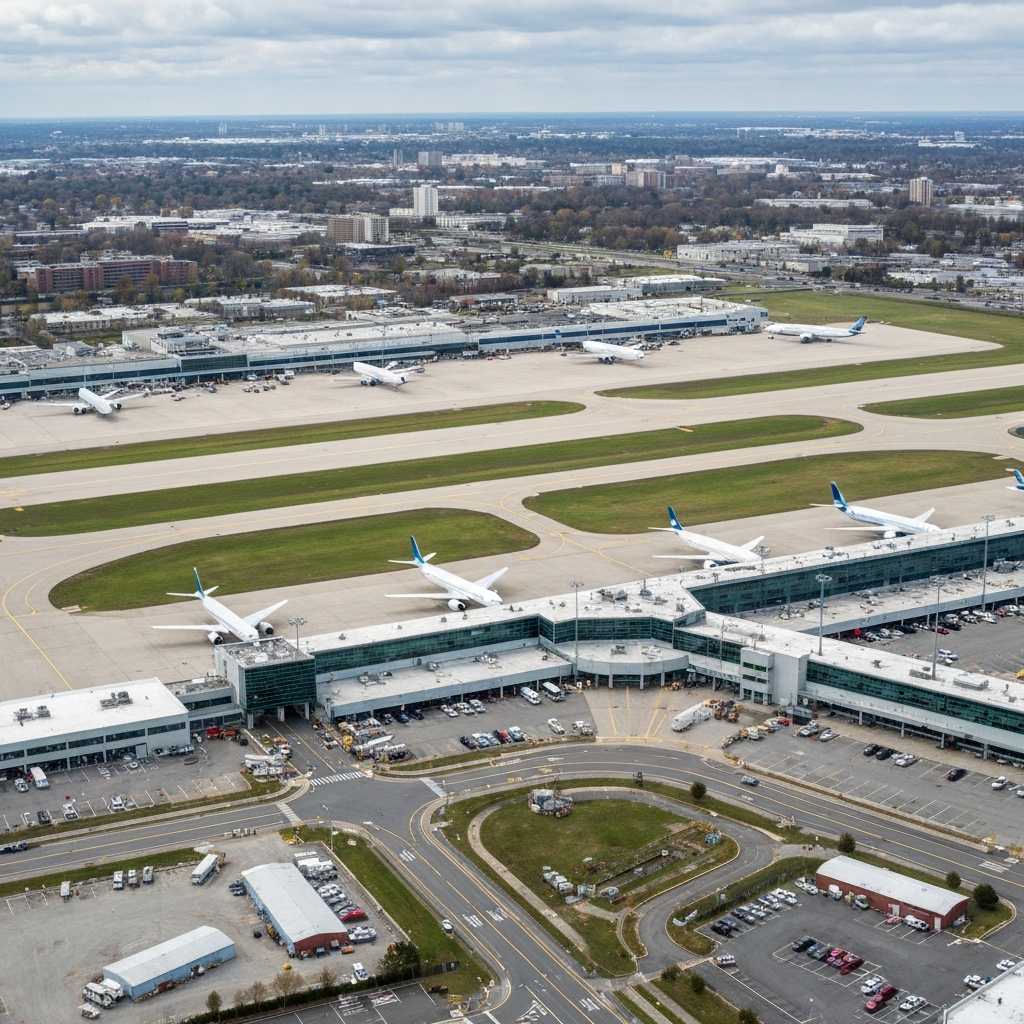 Aerial view of an airport terminal with multiple airplanes parked at gates, runways, and a surrounding cityscape in the background under cloudy skies.