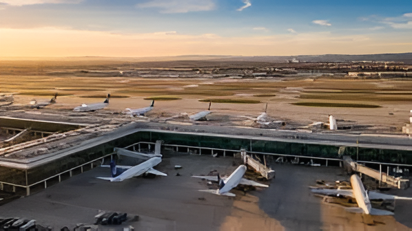 Several airplanes parked at an airport gate during sunset.