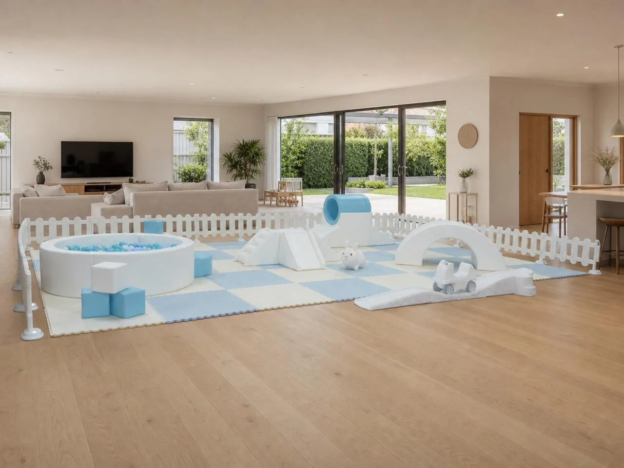 Empty living room with a large play area for children, enclosed by a white picket fence, including a ball pit, slide, tunnel, and riding toy, with a background of modern furniture, large windows, and sliding glass doors leading outside.